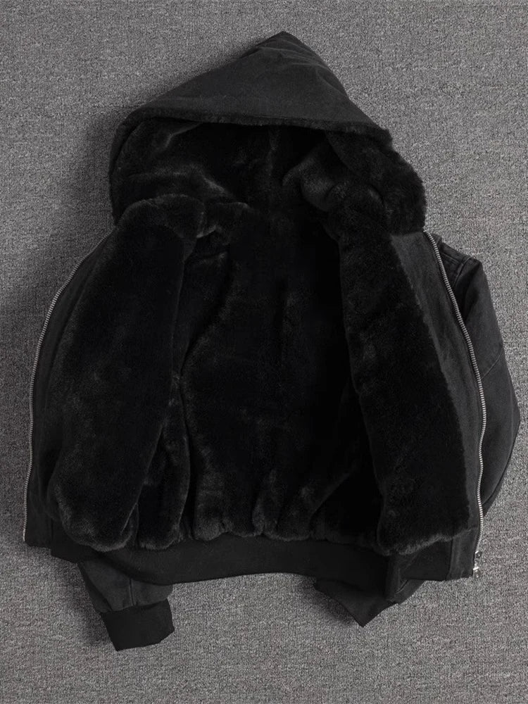 Autumn Winter Short Thickened Warm Oversized Canvas Washed Padded Jacket with Faux Fur Inside Loose Casual Hoodie