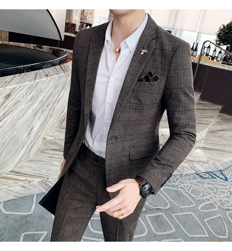 S-7XL Jacket + Pants / Luxurious High -end Brand Solid Color Men's Casual Business Slim Suit Two -piece Suit Groom Wedding Suit