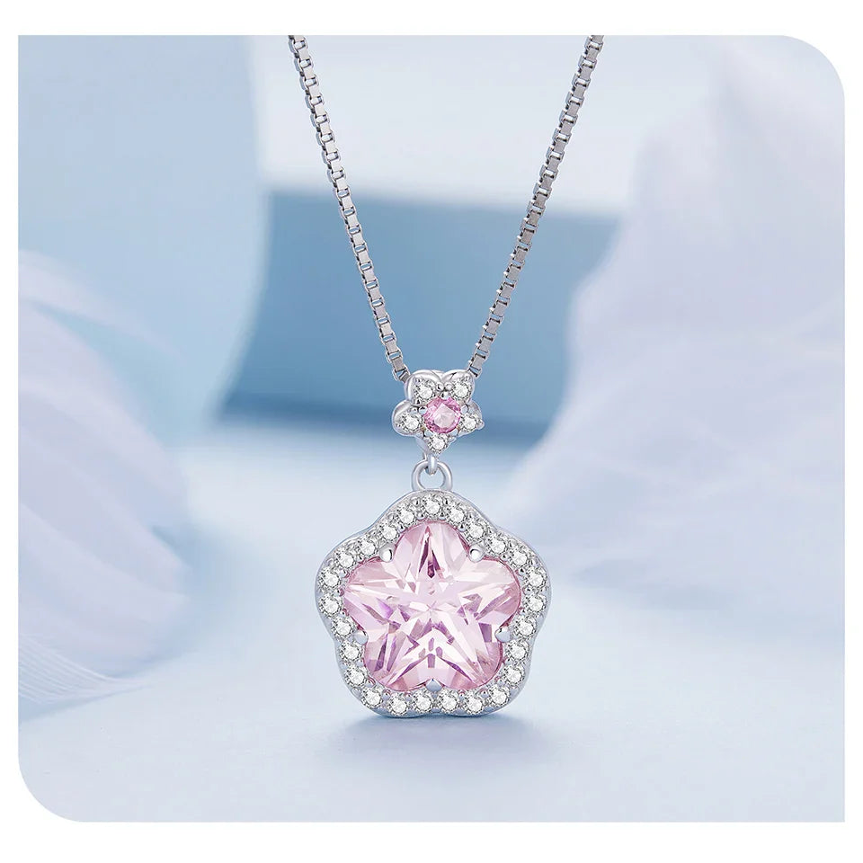 925 Sterling Silver Pink Flower Pendant Necklace Little Star Neck Chain Pave Setting CZ for Women Valentine's Day Gift