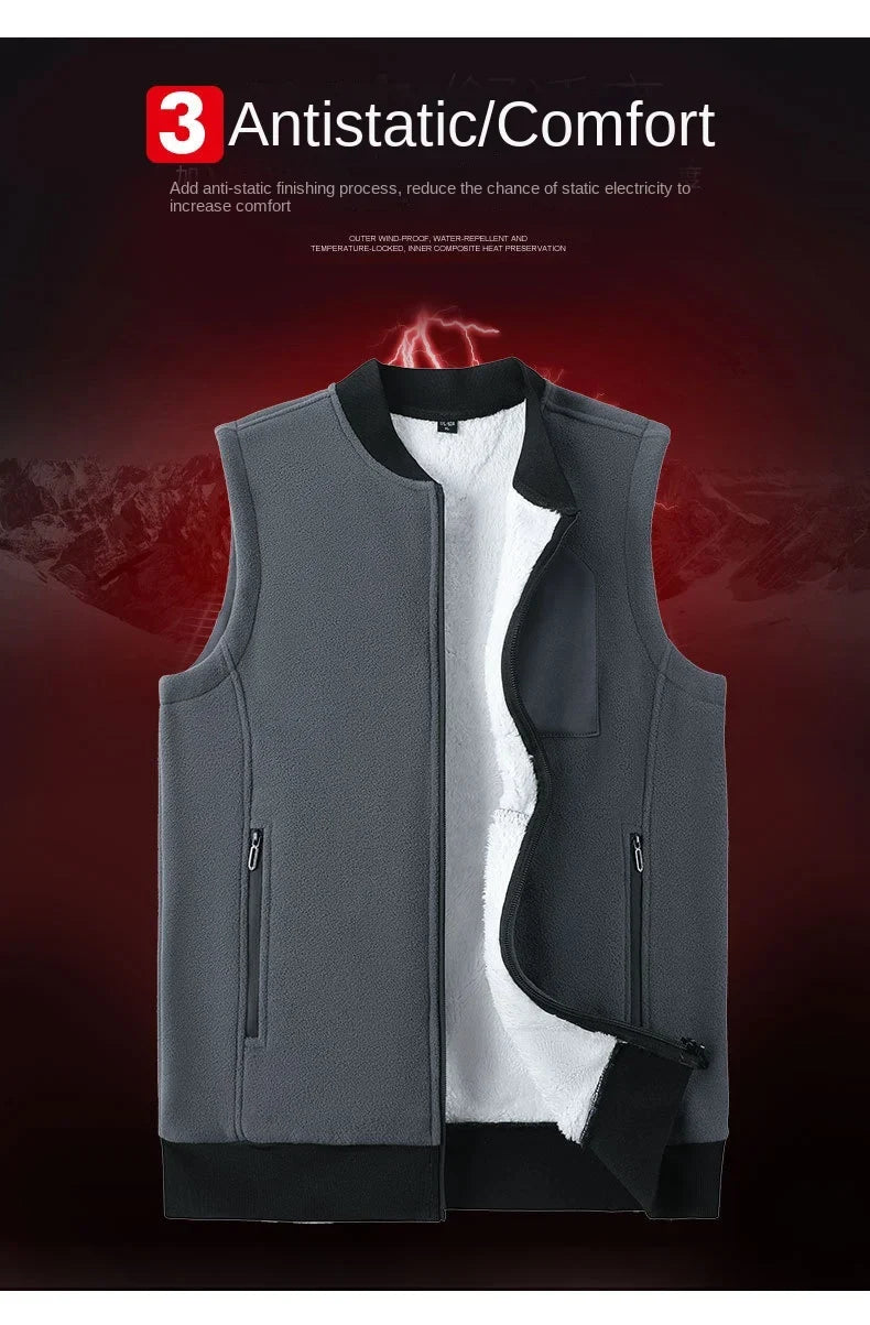 Men Winter Vest Sleeveless Stand Collar Solid Color Fleece Thick Keep Warm Plus Size Neck Protection Winter Waistcoat for Daily