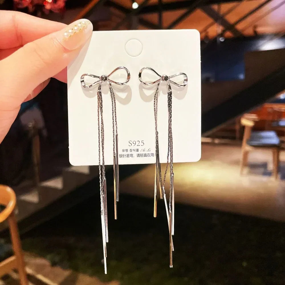 Exquisite Silver Color Ribbon Long Tassel Bowknot Drop Dangle Earrings for Women Charm Stainless Steel Party Jewelry Accessories