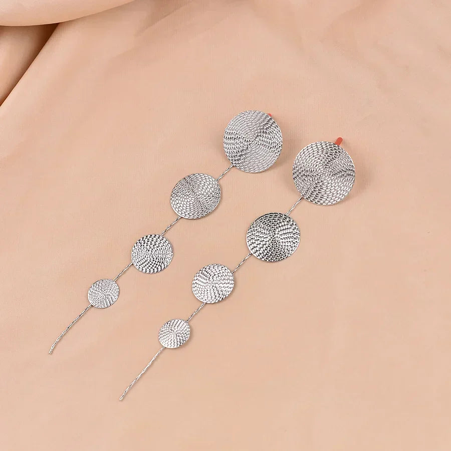 Temperament Fashion Metal Hammering Pattern Geometric Circular Long Tassel Creative Spliced Stud Earrings for Women Jewelry Gift