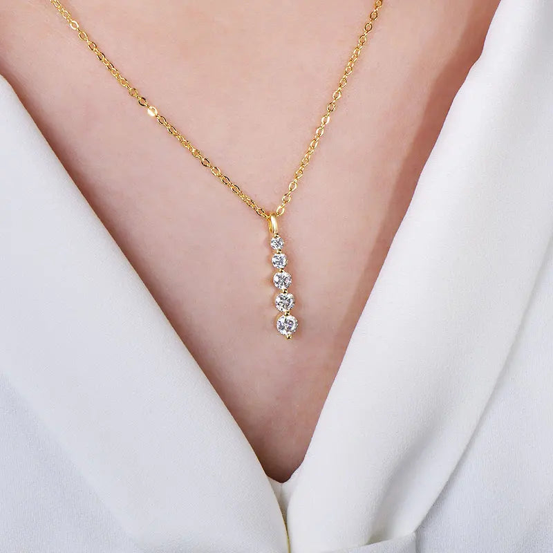 Brilliant 5-Stone Moissanite Necklace 14K Gold Filled Long Drop Pendant Necklace for Women Female Jewelry Accessories