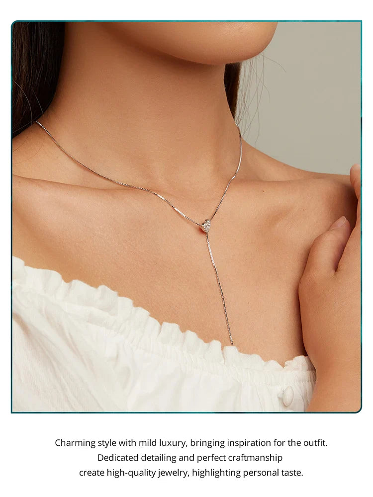 925 Sterling Silver Brilliant Heart Necklace for Women Minimalist Long Box Chain Choker Fine Jewelry Party Gift BSN260