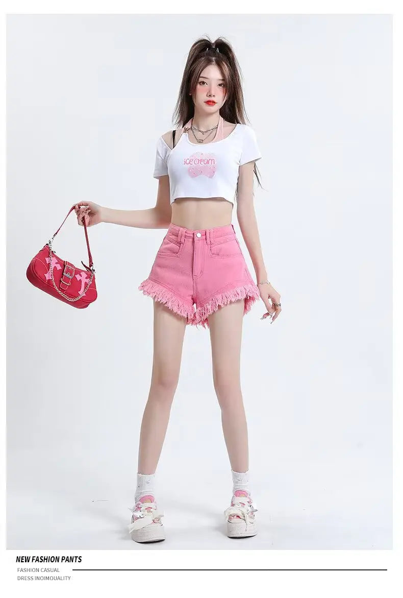 Women's Pear-shaped Friendly Denim Shorts 2026 Summer New High Waist Frayed Hem Casual Streetwear Wide Leg Hot Pants