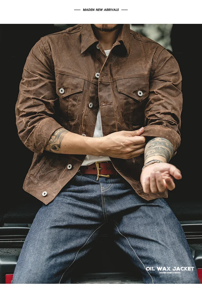 Amekaji Retro Male Oil Waxed Jacket Canvas Cotton Khaki Military Uniform Light Casual Work Safari Style Coats Man Clothing