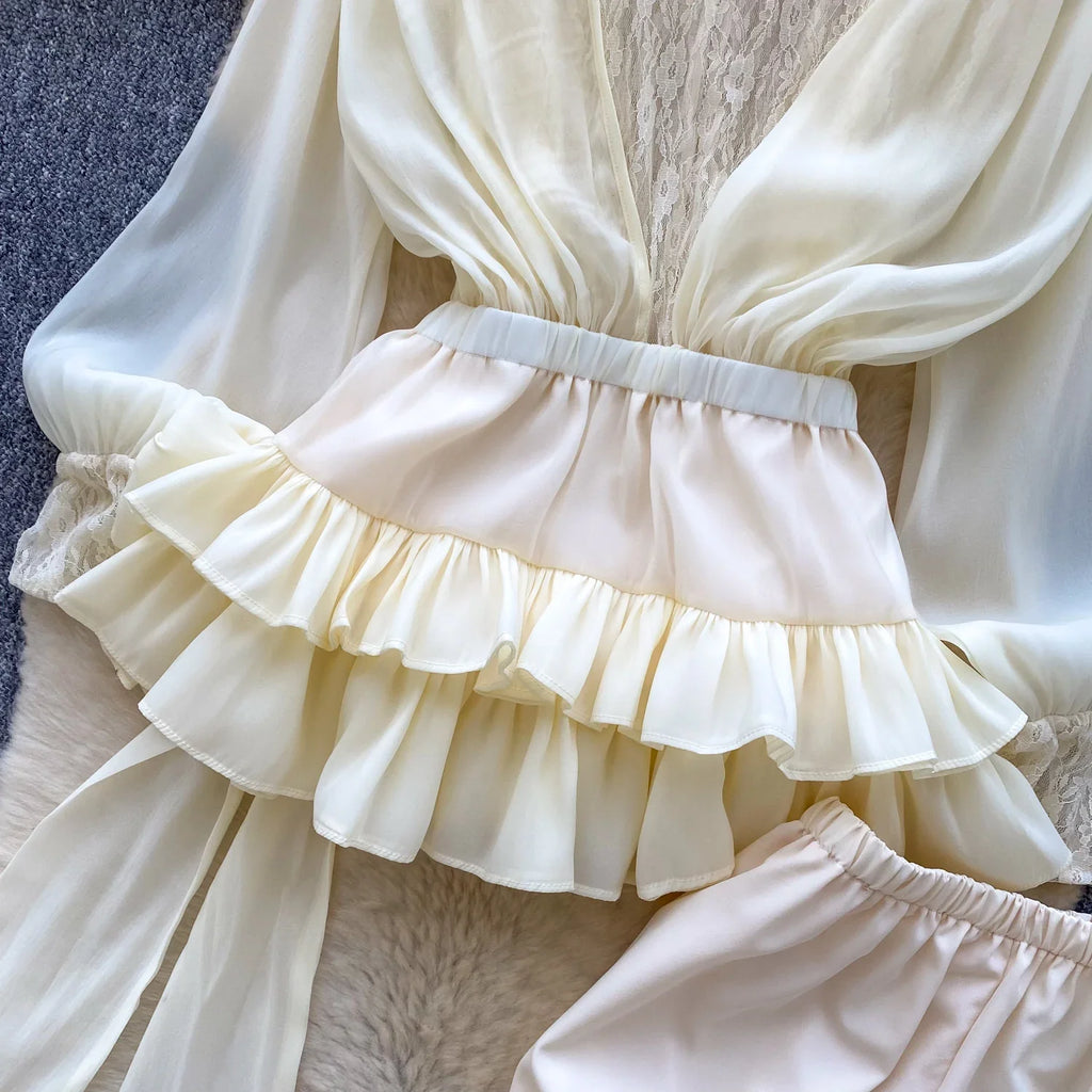 Fairycore Lace Chiffon Dresses With Stretch Shorts Pearl Button Bow Female Ruffles Sheer Seaside Holiday Mini Dress