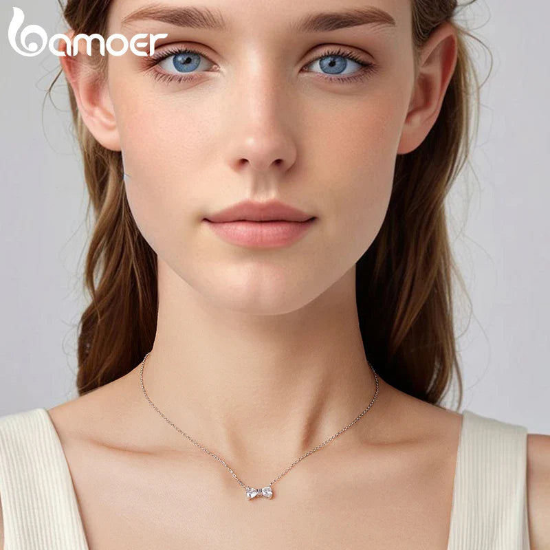 925 Sterling Silver Full Zircons Bow Pendant Necklace Sweet Bowknot Link Chain for Women Girls Birthday Gift Fine Jewelry