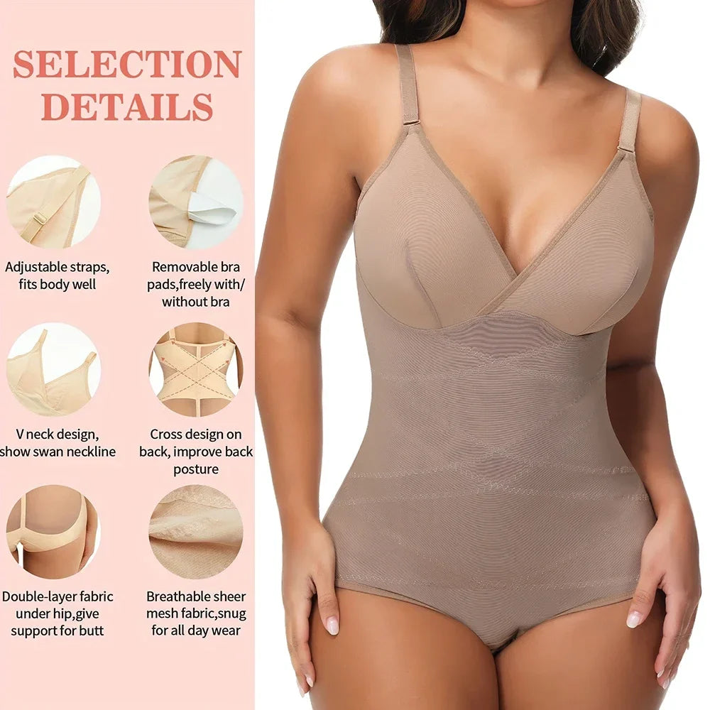 Cross Waist Bodysuit Sexy Women Briefs Shapewear with Film Coaster Mesh Breathable Suspender Top Tummy Control Ladies Underwear