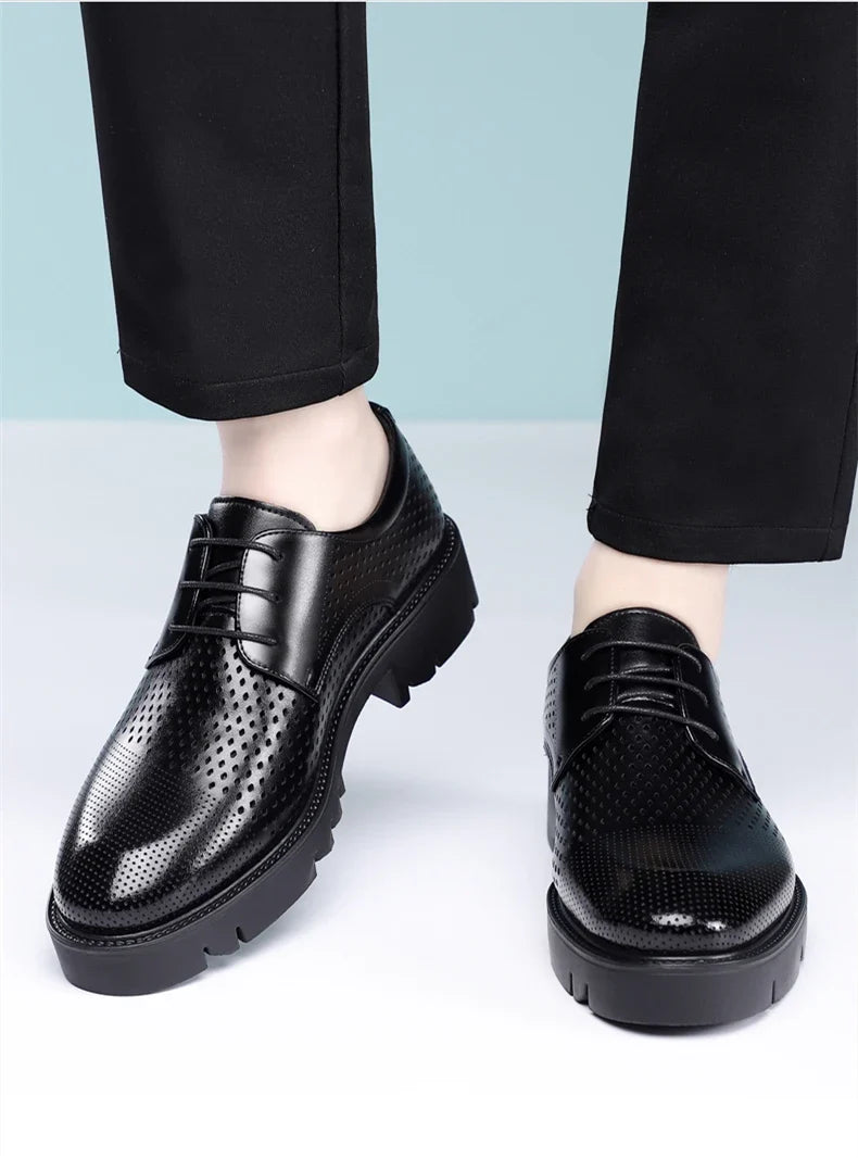 Summer Hollow Out Breathable Men Height Increasing Oxford Shoes 8/10CM Formal Business Dress Wedding Party Elevated Leather Shoe
