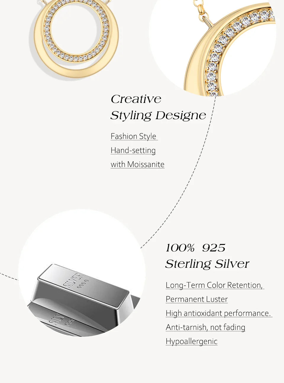 Full Moissanite Necklace DVVS1 18K Gold Plated 925 Sterling Silver Double Circle Round Pendant Women Party Fine Jewelry