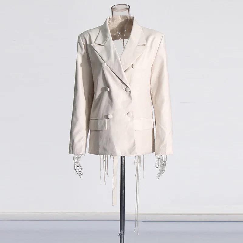 New Arrival Women Back Hollow Out Design Double Breasted Suit Jackets Y2K High Street Streamer Decoration Temperament Coat