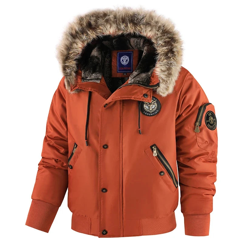 Winter Men's Black Padded Jacket Removable Hood Durable Windproof Fabric Embroidery Decorative Side Pockets Sleeve Zipper