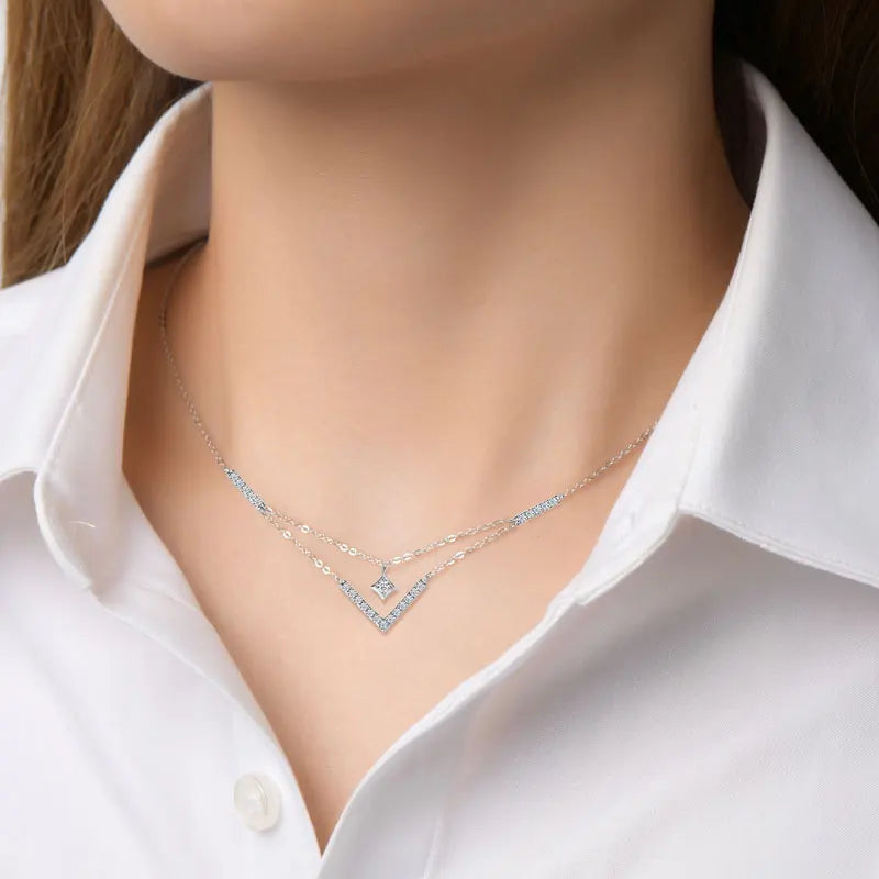 Sparkling 3mm&1.8mm Round Moissanite Necklace 925 Sterling Silver Fashion V-Shape Necklaces for Women Fine Jewelry Gift