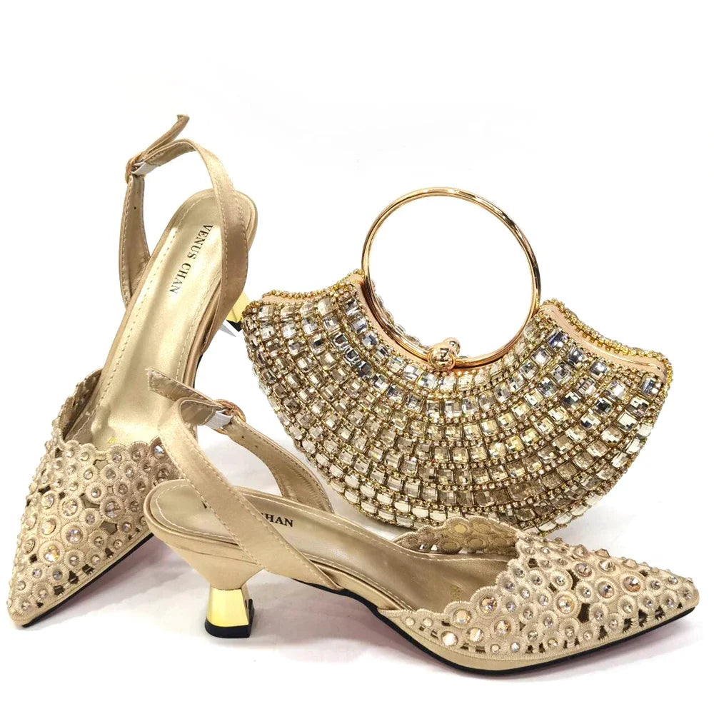 High Heel Gold Color Atmospheric Luxury Pattern With Rhinestones Party Ladies Shoes