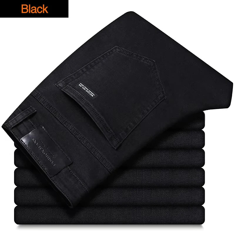جينز رجالي جديد قابل للتمدد بقصة عادية لعام 2025، بنطلون دنيم عصري بأسلوب كلاسيكي كاجوال للعمل، أزرق أسود رمادي
