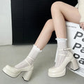 2024High Heels Women's Spring Autumn Pumps Shoes Red Black Retro Thick Soled  Jane  Ankle Buckle 9cm Chunky