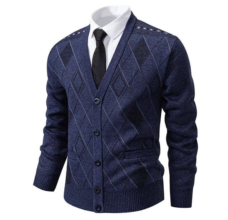 Men Plaid Cardigan V-neck Fleece Sweater Men's  Autumn Clothing Classic Cardigans Jacket Button Mens Knitting Outwear