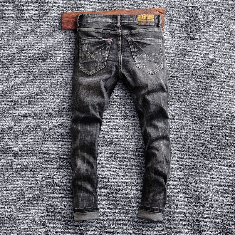 Men Jeans Retro Black Gray Elastic Slim Fit Ripped Jeans