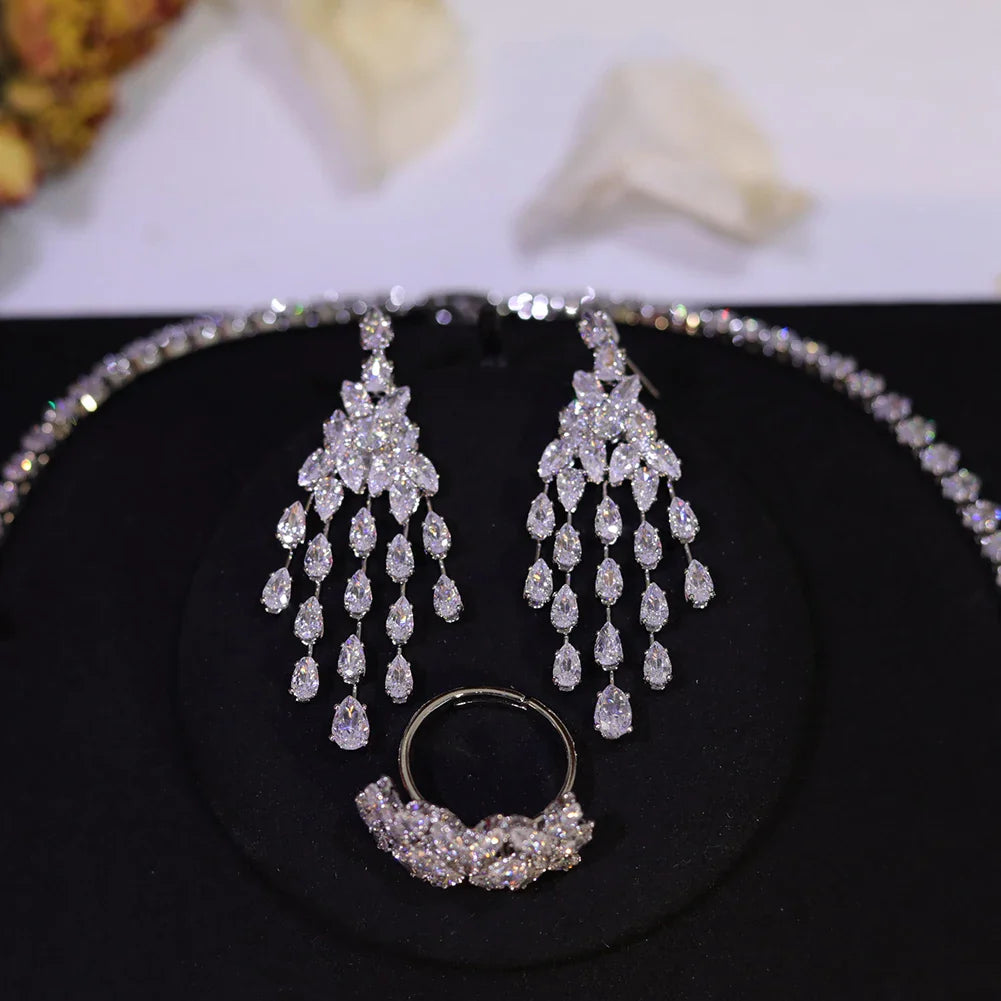 Sparkling Bridal Necklace Luxury Full Zircon Jewelry Sets For Women Party, Luxury Dubai Nigeria Wedding Bridesmaids Accessories