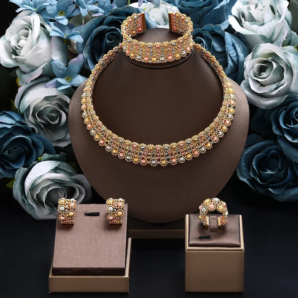 Dubai Wedding Bridal Full Jewelry Sets For Women Party Luxury Nigeria Gold Plated Beads Choker Necklace Jewelry Set