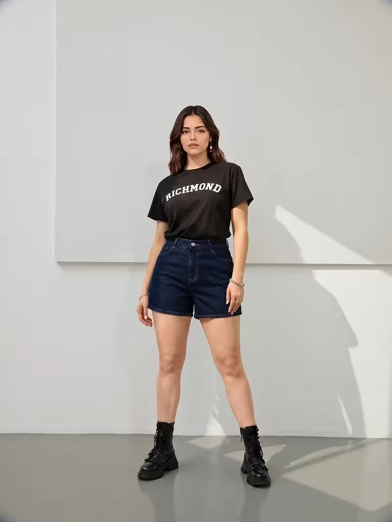Plus Size Retro Deep Blue Elastic Washed Denim Shorts Women Summer New Y2k Streetwear High Waisted Loose Jean Shorts