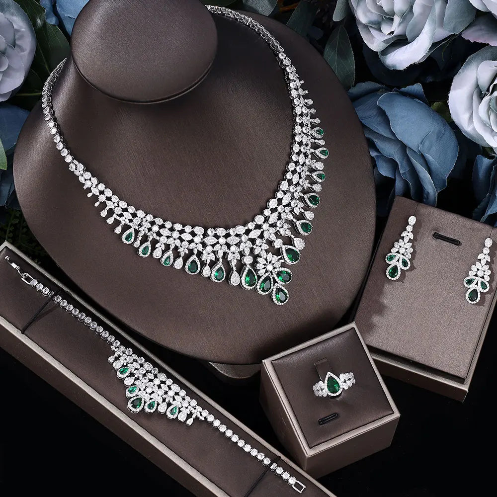 2026 Zircon Super Deluxe Tassel Water Drop Big Wedding Bridal Necklace Earrings 4 Pieces Nigerian Dubai Women's Jewelry Set