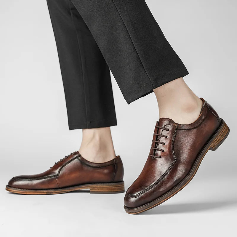 Hot Genuine Leather Shoes Men Wedding Office Dress Shoes Brown Patina Handmade Lace-Up Shoes Business Oxford Footwear