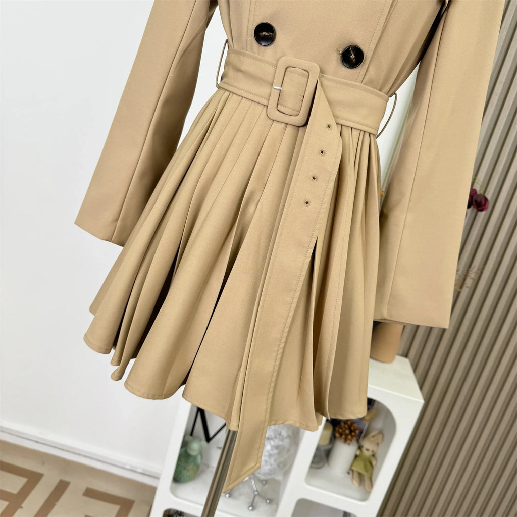 New Autumn Winter Women's Windbreaker Dress Mini Skirt Long Sleeve Empire Waistline Outerwear Female Long Coat N967