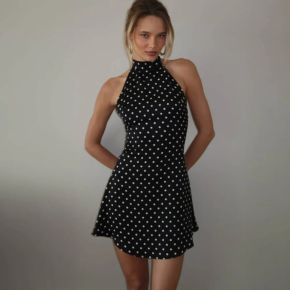 Woman Clothes Halter Sleeveless Polka Dot Satin Short Dress 2026 Summer Sexy Bandage Backless Mini Evening Party Dresses