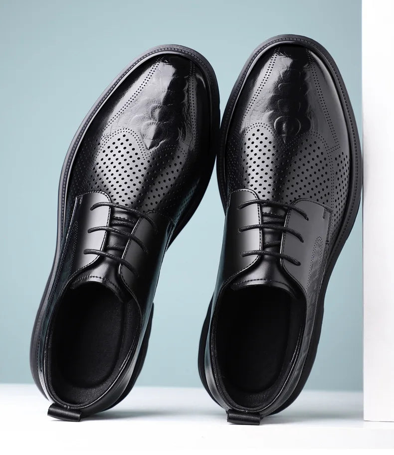 2026 Summer New Men's Cow Leather Oxford Shoes Hollow Out Formal Business Dress Shoes Male Non-slip Fashion Platform Shoe Man