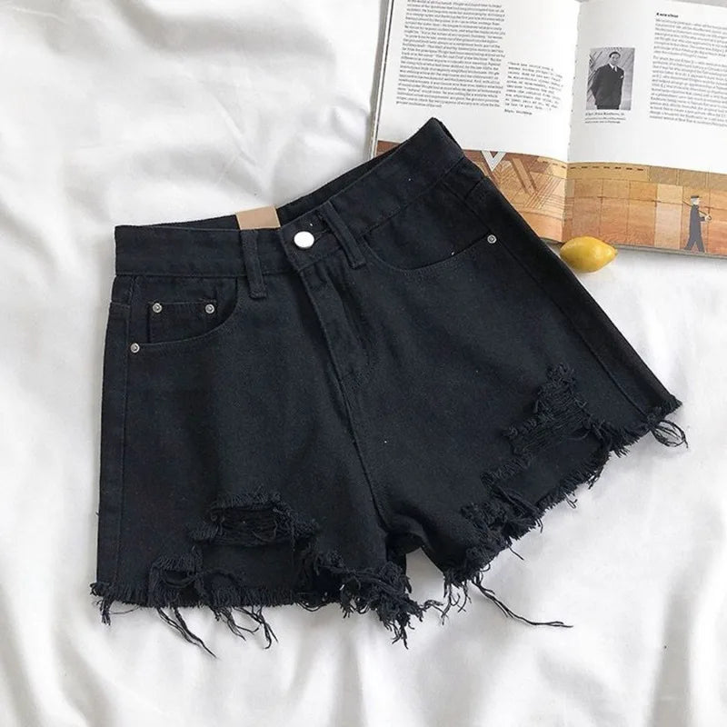 Korean Denim Shorts Women Summer Fashion Casual High Waist Ripped Jeans Pocket Tassel Y2K Hot Pants Streetwear Blue Trousers
