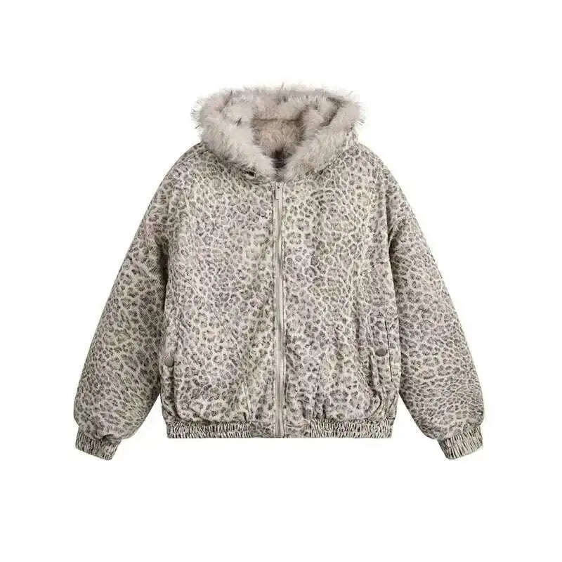 PFHQ Niche Design Men's Fleece Jackets Hooded Leopard Print Fur Thick Padded Coats Thermal Contrast Color Male Clothing CPG2405