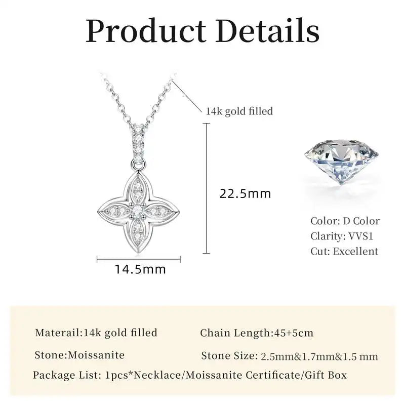 Luxury Shiny Four-Leaf Flower Pendant Necklace Certified Moissanite Diamond Necklace for Women 14k Gold Filled Jewelry