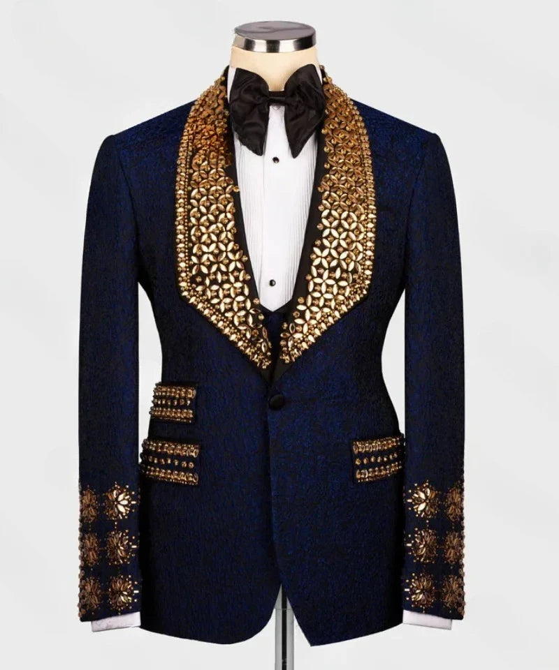 Jacquard Crystals Men Suit Set 2 Pieces Blazer+Pant Formal Office Male Jacket Prom Cotton Coat Trousers Groom Wedding Tuxedos