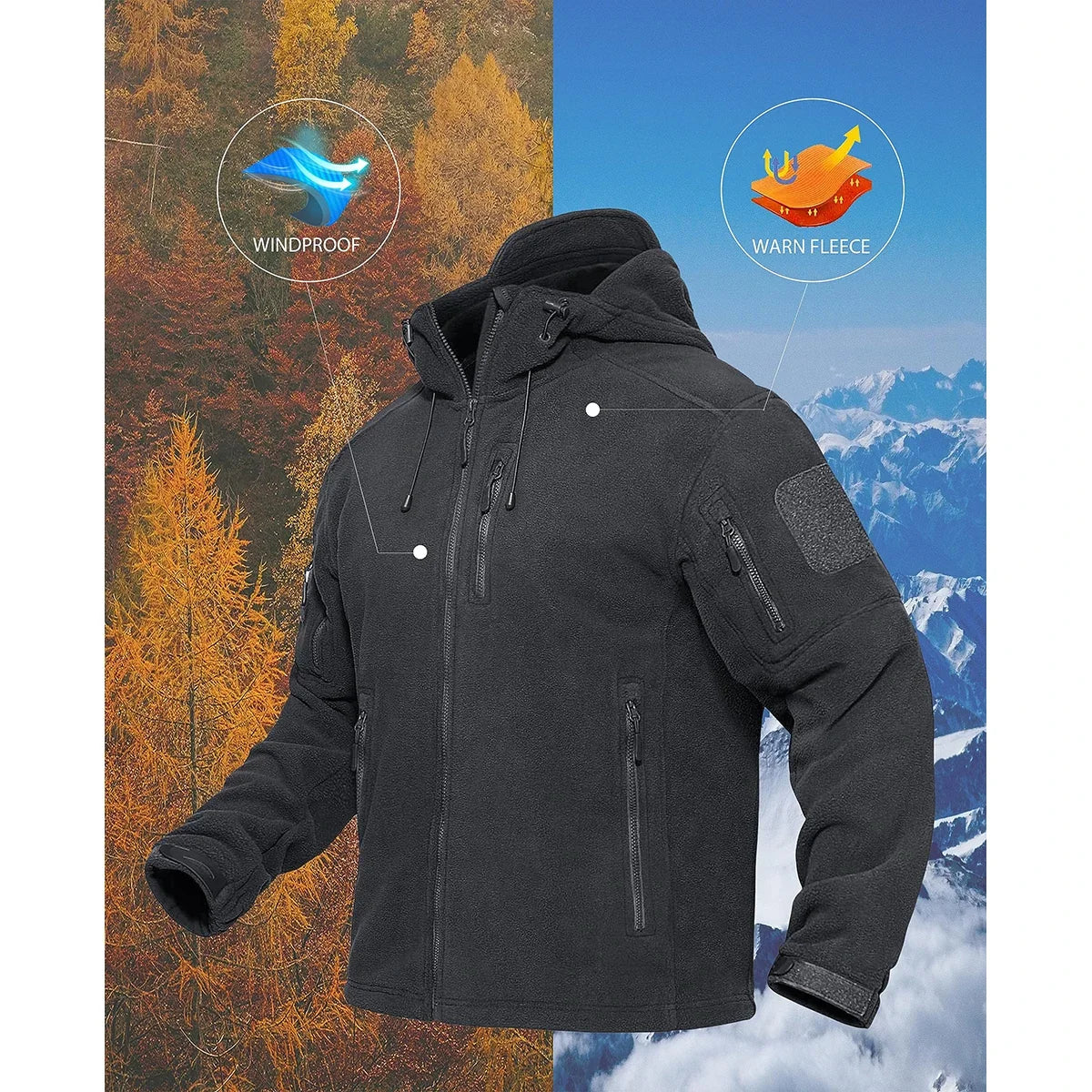 Fall Winter Men's Hooded Fleece Jacket Full Zip Up Soft Warmth Windproof Coat Outdoors Working Hiking Fishing Outerwear