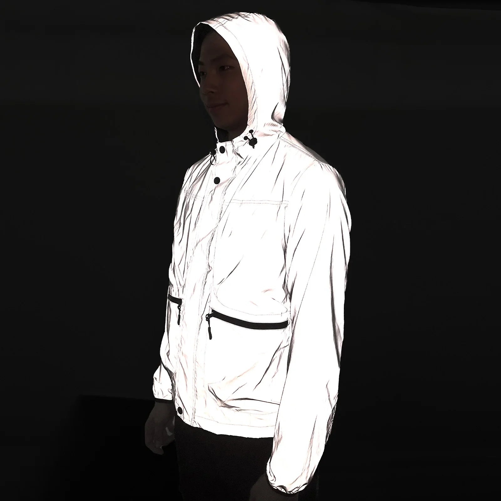 Full Reflective Jacket with Hoodie High Visibility Waterproof Wind Breaker Men Women Hiking Cycling Running Safety Vest