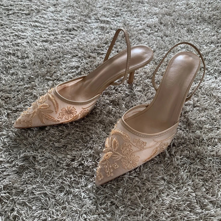 Mesh Embroidered Fashion Sandals Women String Bead High Heels Mules Shoes Pointed Toe Slingback Slippers Women Zapatos De Mujer