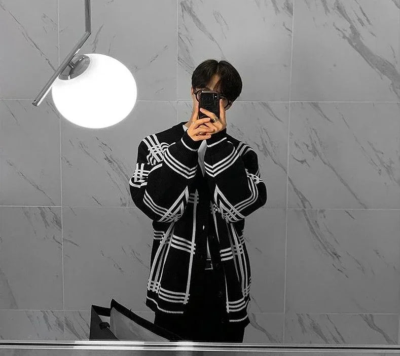 Men's Clothing Cardigan Jacket V Neck Coat Knit Sweater Male Plaid Elegant Casual Long Sleeve 100% Korean 2025 Autumn Classic A