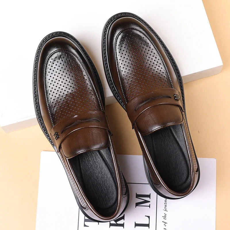 Mens Black Penny Loafers With Perforated Detail Slip On Comfortable Breathable Dress Shoes For Business Office And Summer Wear