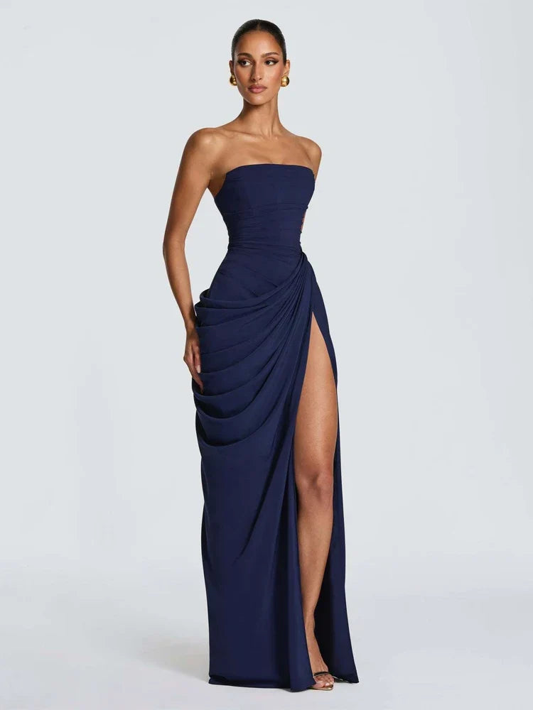 Elegant Solid Pleated Strapless Maxi Dress Yellow Off-shoulder Backless High Waist Split Robe 2026 New Lady Evening Party Gown