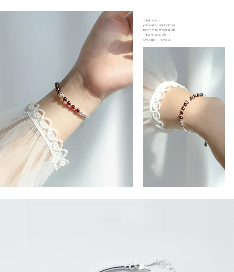 Natural Garnet Little Balls Sterling Silver 925 Bracelet for Women Link Chain Bracelet Ethnic Style Original Fine Jewelry