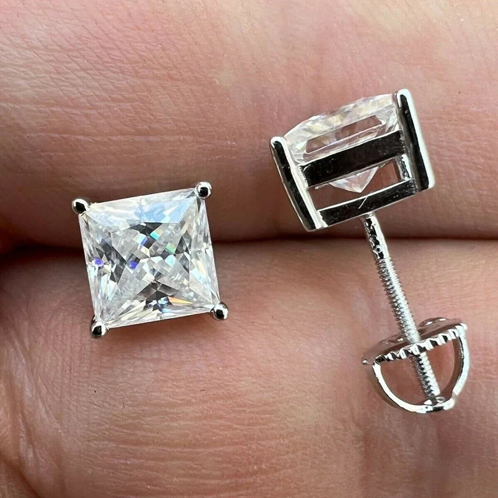 1/2/3/4carat Princess Cut Moissanite Stud Earrings Screw Back 925 Sterling Silver Square Diamond Stud Earring for Women Men Gift