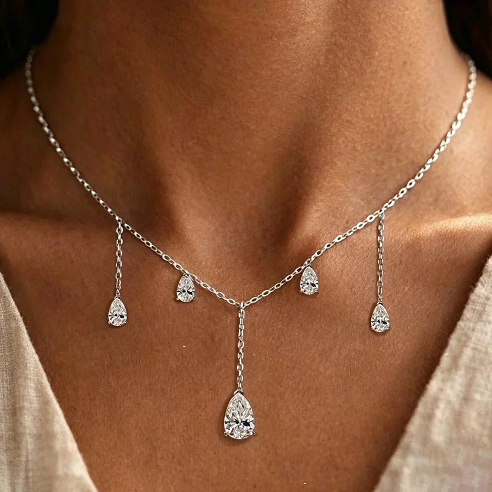 0.5/2Carat Pear Cut Moissanite Drop Necklace With Certificate S925 Silver Long Tassel Neckchain Fine Jewelry For Women