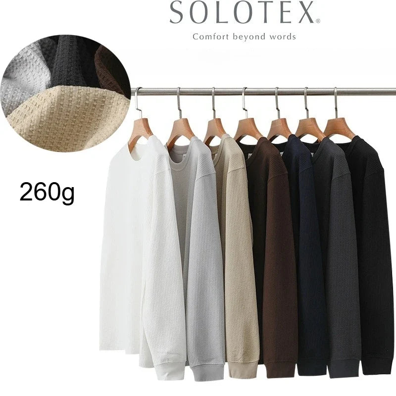 Autumn Lightweight Waffle Knit Base Layer Top  Men - Fashionable Loose Fit Versatile Long-Sleeved Round Neck T-Shirt/Sweatshirt