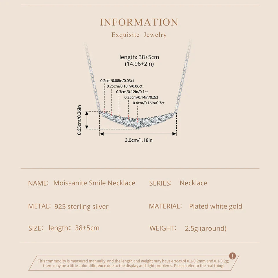 Moissanite Smile Necklace, Round Brilliant Cutting Lab Grown Diamond Gold Plated 43cm 925 Sterling Silver Necklaces