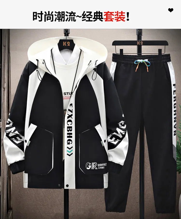 Spring Autumn Casual Men Sets Jacket + Pants Two Pieces Fashion Korean Trend Hooded Baseball Uniform Suit Man Outfit