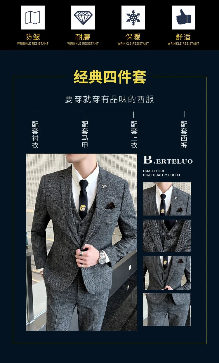 Boutique Suits (Blazer+ Vest + Pants) Men Fashion Hosting Work Business Wedding Casual Linen Art Style Elegant Gentleman's Suit