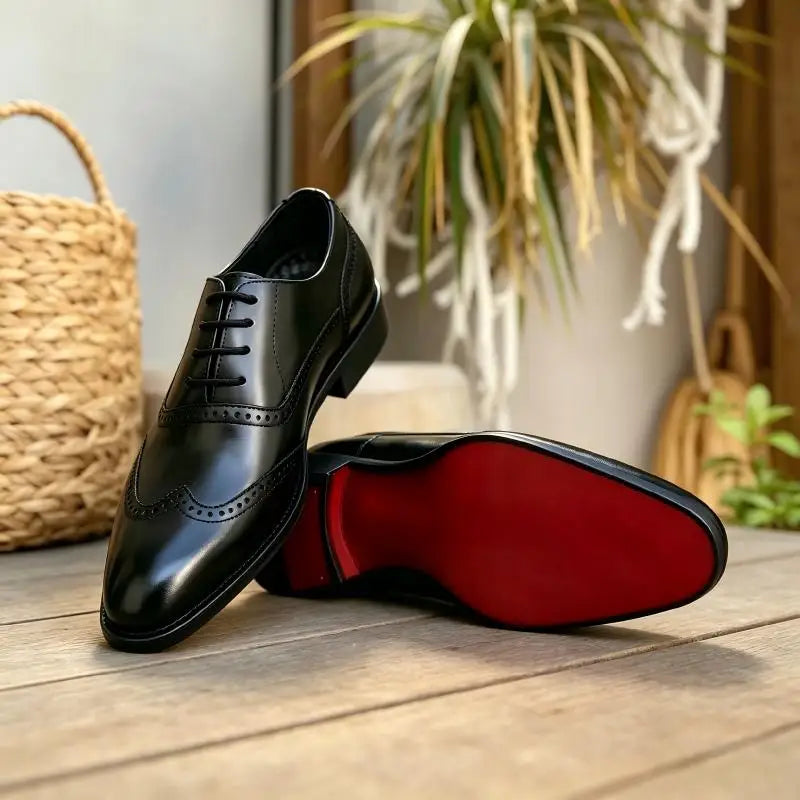 Men's Black Brogue Oxford Shoes Formal Dress Shoes for Business Wedding Red Sole Comfortable Lace-up Footwear