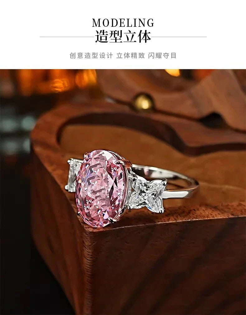 S925 Silver Ring 8 * 12mm Elliptical Zircon Powder Ice Flower Cut Ring Sweet Wind Jewelry